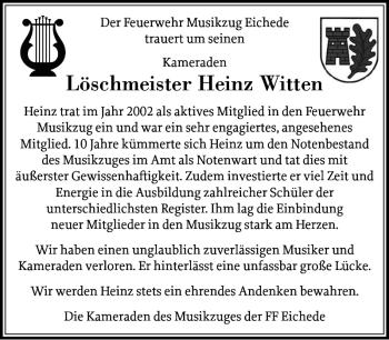 Traueranzeige von Löschmeister Heinz Witten von Stormarner Tageblatt