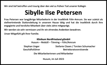 Traueranzeige von Sibylle Ilse Petersen von Der Insel-Bote