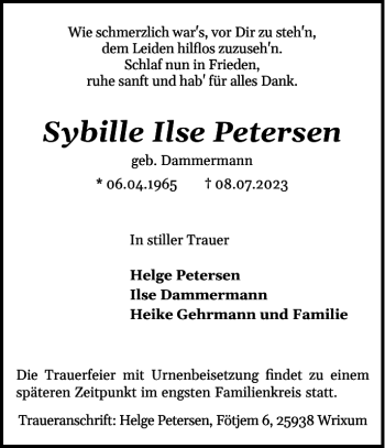 Traueranzeige von Sybille Ilse Petersen von Der Insel-Bote