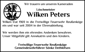 Traueranzeige von Wilken Peters von Husumer Nachrichten
