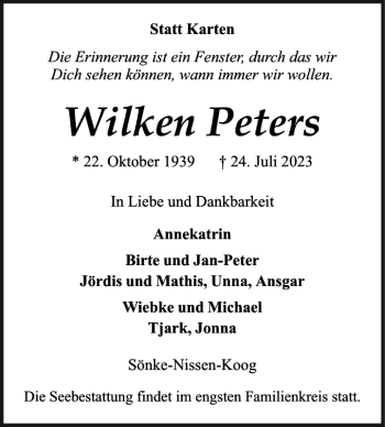 Traueranzeige von Wilken Peters von Flensburger Tageblatt