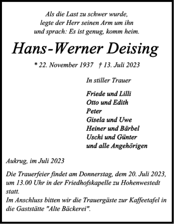 Traueranzeige von um der zu Hohenwestedt von Landeszeitung