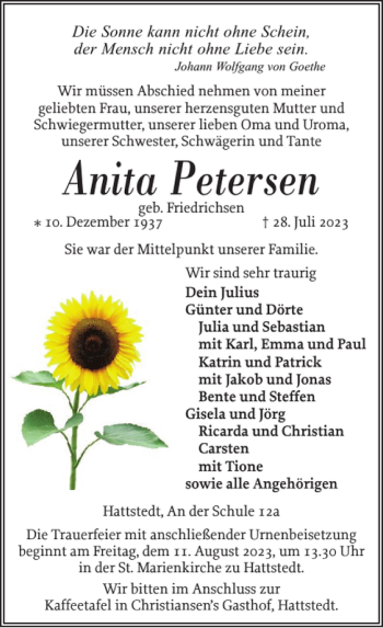 Traueranzeige von Anita Petersen von Husumer Nachrichten