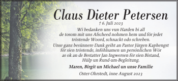 Traueranzeige von Claus Dieter Petersen von Flensburger Tageblatt
