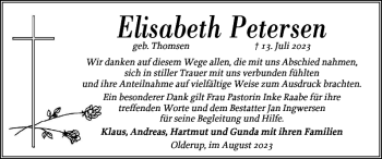 Traueranzeige von Elisabeth Petersen von Husumer Nachrichten