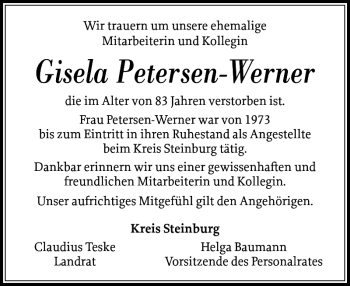 Traueranzeige von Gisela Petersen-Werner von Norddeutsche Rundschau