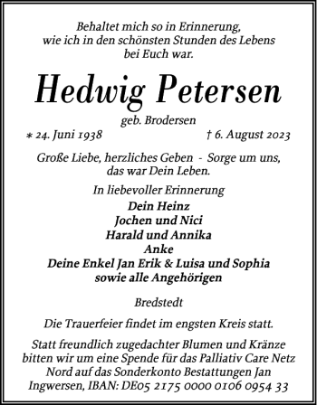 Traueranzeige von Hedwig Petersen von Husumer Nachrichten