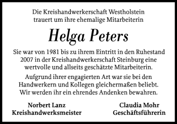 Traueranzeige von Helga Peters von Norddeutsche Rundschau