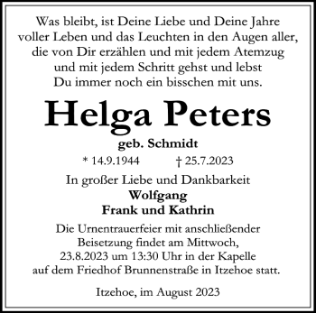 Traueranzeige von Helga Peters von Norddeutsche Rundschau