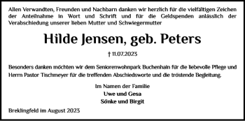 Traueranzeige von Hilde Jensen geb. Peters von Schleswiger Nachrichten
