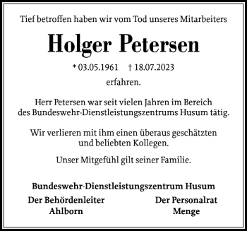 Traueranzeige von Holger Petersen von Nordfriesland Tageblatt