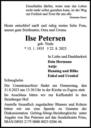 Traueranzeige von Ilse Petersen von Flensburger Tageblatt