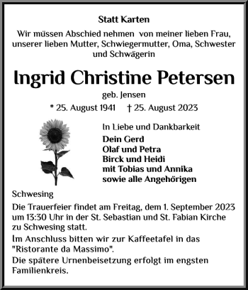 Traueranzeige von Ingrid Christine Petersen von Husumer Nachrichten