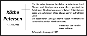 Traueranzeige von Käthe Petersen von Flensburger Tageblatt