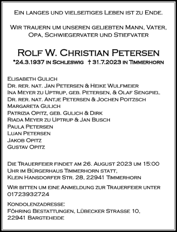 Traueranzeige von Rolf W. Christian Petersen von Stormarner Tageblatt