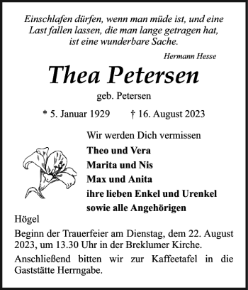 Traueranzeige von Thea Petersen von Husumer Nachrichten