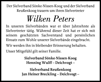 Traueranzeige von Wilken Peters von Husumer Nachrichten