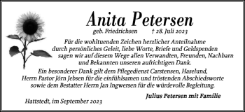 Traueranzeige von Anita Petersen von Husumer Nachrichten