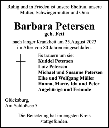 Traueranzeige von Barbara Petersen von Flensburger Tageblatt