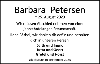 Traueranzeige von Barbara Petersen von Flensburger Tageblatt