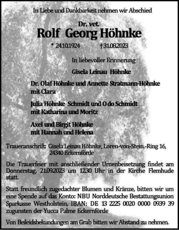 Traueranzeige von Dr. vet. Rolf Georg Höhnke von Norddeutsche Rundschau
