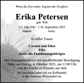Traueranzeige von Erika Petersen von Eckernförder Zeitung
