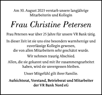 Traueranzeige von Frau Christine Petersen von Nordfriesland Tageblatt