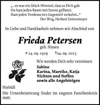 Traueranzeige von Frieda Petersen von Husumer Nachrichten