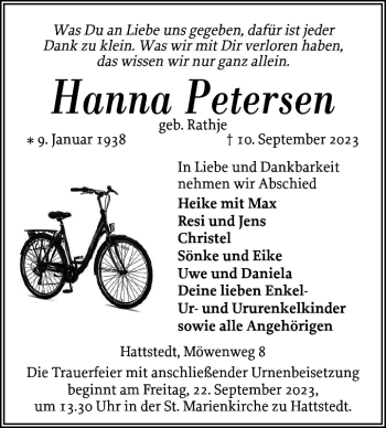 Traueranzeige von Hanna Petersen von Husumer Nachrichten