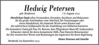 Traueranzeige von Hedwig Petersen von Husumer Nachrichten