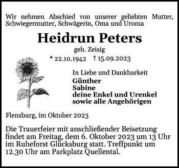Traueranzeige von Heidrun Peters von Flensburger Tageblatt