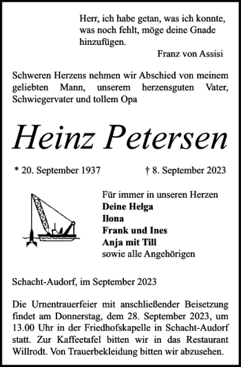Traueranzeige von Heinz Petersen von Landeszeitung