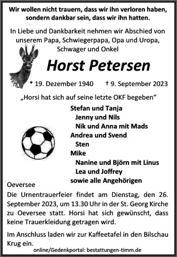 Traueranzeige von Horst Petersen von Flensburger Tageblatt