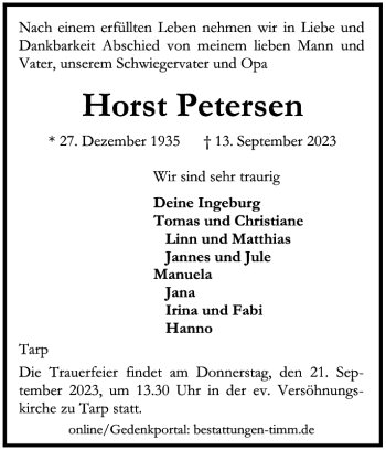 Traueranzeige von Horst Petersen von Schleswiger Nachrichten