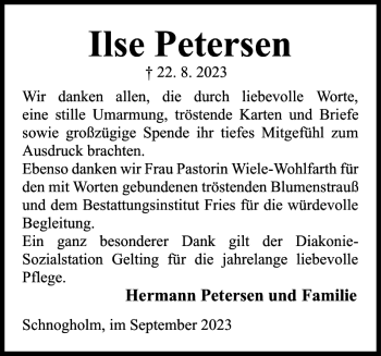 Traueranzeige von Ilse Petersen von Flensburger Tageblatt