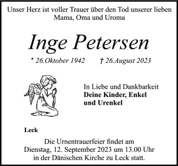 Traueranzeige von Inge Petersen von Nordfriesland Tageblatt