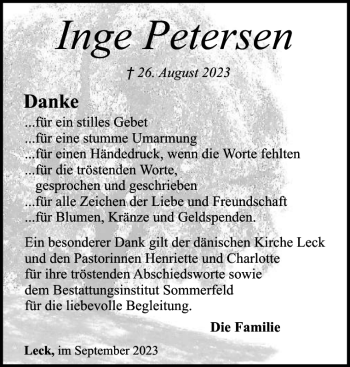 Traueranzeige von Inge Petersen von Nordfriesland Tageblatt