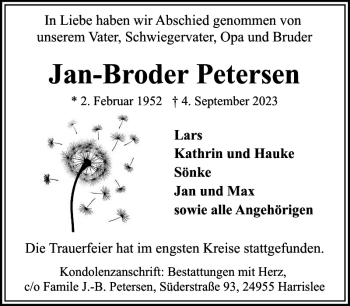 Traueranzeige von Jan-Broder Petersen von Flensburger Tageblatt
