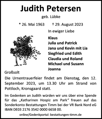 Traueranzeige von Judith Petersen von Flensburger Tageblatt