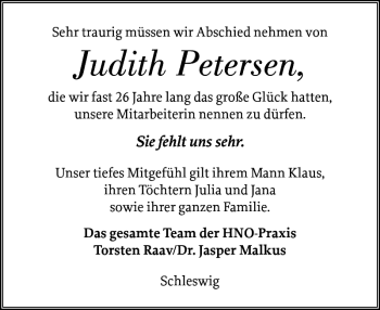 Traueranzeige von Judith Petersen von Flensburger Tageblatt