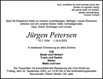 Traueranzeige von Jürgen Petersen von Holsteinischer Courier