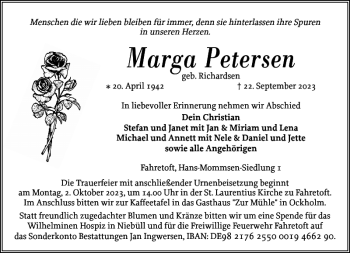 Traueranzeige von Marga Petersen von Husumer Nachrichten