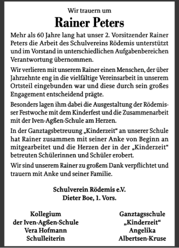 Traueranzeige von Rainer Peters von Husumer Nachrichten