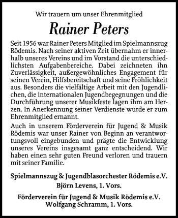 Traueranzeige von Rainer Peters von Husumer Nachrichten