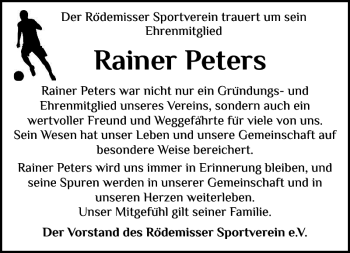 Traueranzeige von Rainer Peters von Husumer Nachrichten