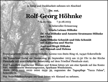 Traueranzeige von Rolf-Georg Höhnke von Eckernförder Zeitung