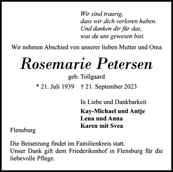 Traueranzeige von Rosemarie Petersen von Flensburger Tageblatt