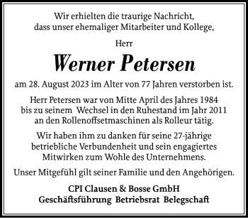 Traueranzeige von Werner Petersen von Nordfriesland Tageblatt
