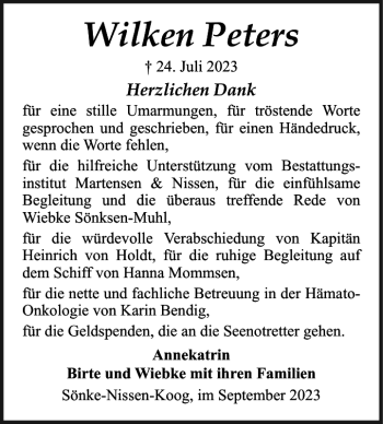 Traueranzeige von Wilken Peters von Flensburger Tageblatt