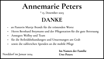 Traueranzeige von Annemarie Peters von Der Insel-Bote